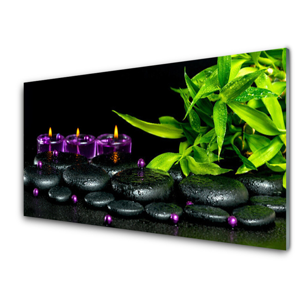 Image sur verre Tableau Bougie pierres feuilles art noir vert violet