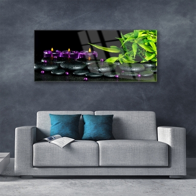 Image sur verre Tableau Bougie pierres feuilles art noir vert violet