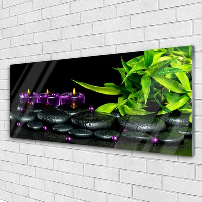 Image sur verre Tableau Bougie pierres feuilles art noir vert violet