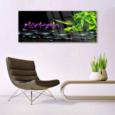 Image sur verre Tableau Bougie pierres feuilles art noir vert violet