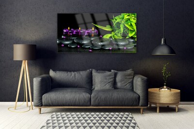 Image sur verre Tableau Bougie pierres feuilles art noir vert violet