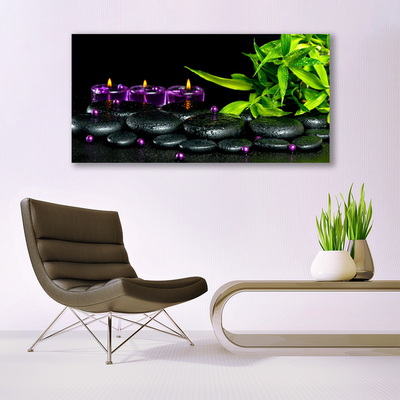 Image sur verre Tableau Bougie pierres feuilles art noir vert violet