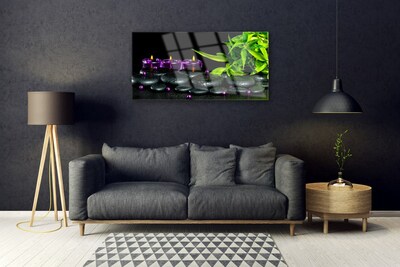 Image sur verre Tableau Bougie pierres feuilles art noir vert violet