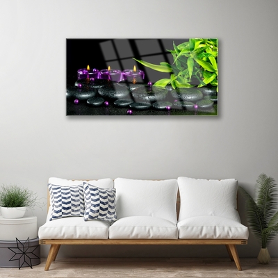 Image sur verre Tableau Bougie pierres feuilles art noir vert violet