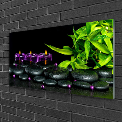 Image sur verre Tableau Bougie pierres feuilles art noir vert violet