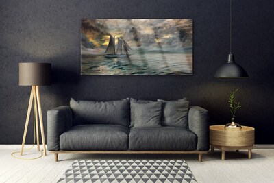 Image sur verre Tableau Mer bateau paysage gris jaune