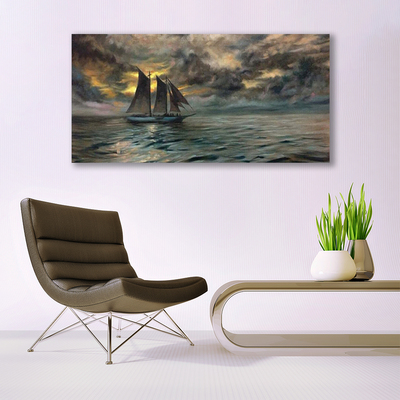 Image sur verre Tableau Mer bateau paysage gris jaune