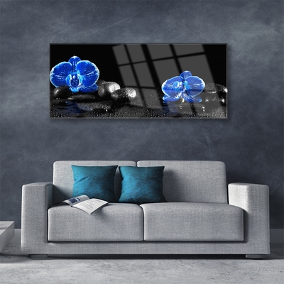 Image sur verre Tableau Fleurs pierres floral bleu noir