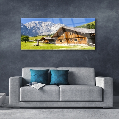 Image sur verre Tableau Maison montagnes paysage brun blanc gris vert
