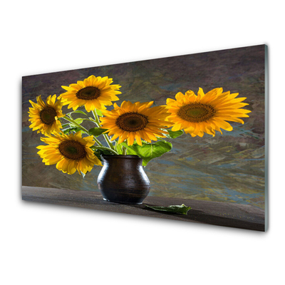Image sur verre Tableau Tournesol vase floral jaune gris