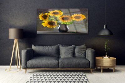 Image sur verre Tableau Tournesol vase floral jaune gris