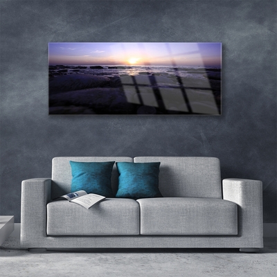 Image sur verre Tableau Pierres mer paysage gris violet blanc