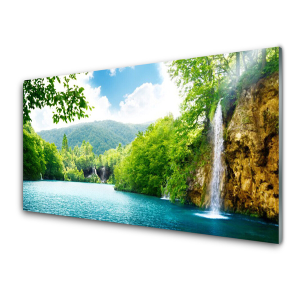 Image sur verre Tableau Cascade lac arbres nature blanc bleu vert
