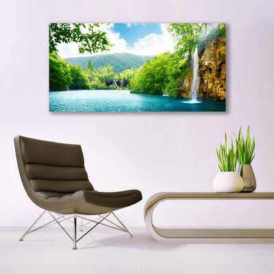 Image sur verre Tableau Cascade lac arbres nature blanc bleu vert