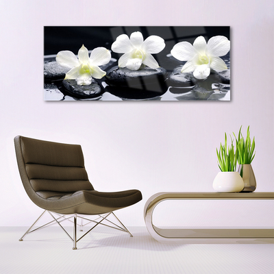 Image sur verre Tableau Pierres fleurs floral blanc noir