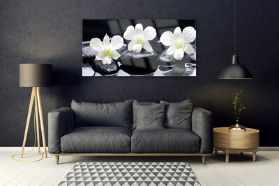 Image sur verre Tableau Pierres fleurs floral blanc noir