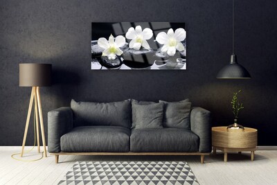 Image sur verre Tableau Pierres fleurs floral blanc noir