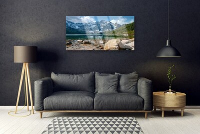 Image sur verre Tableau Montagnes lac pierres paysage gris bleu vert blanc