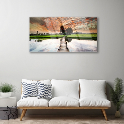 Image sur verre Tableau Lac pont paysage gris bleu blanc