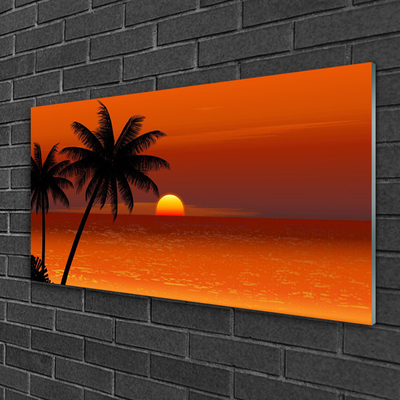 Image sur verre Tableau Palmiers mer soleil paysage jaune noir