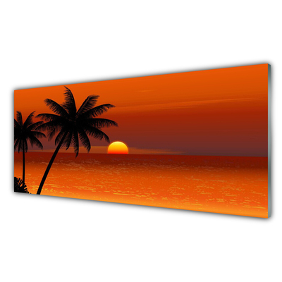 Image sur verre Tableau Palmiers mer soleil paysage jaune noir