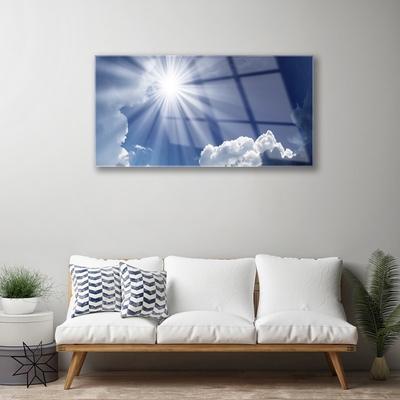 Image sur verre Tableau Soleil paysage bleu blanc