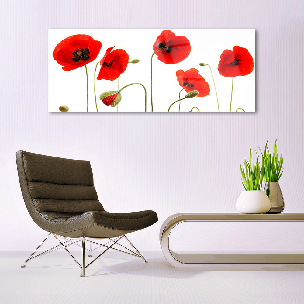 Tableau Sur Verre Trempé Tulup 60x120 Cm - Champ De Coquelicots Rouge - Décoration Moderne