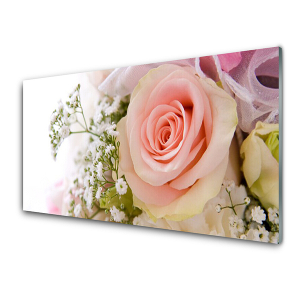 Image sur verre Tableau Roses floral rose blanc vert