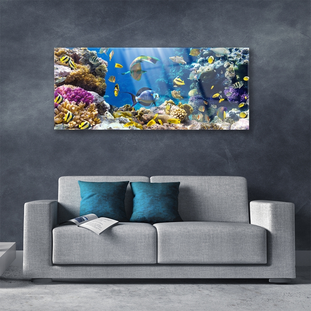 Moderne Impression sur Verre Océan Récif Poissons Corail Image Tableau