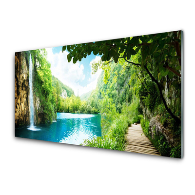 Image sur verre Tableau Cascade lac arbres nature blanc bleu brun vert