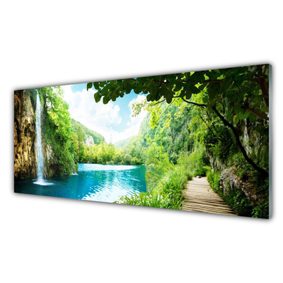 Image sur verre Tableau Cascade lac arbres nature blanc bleu brun vert