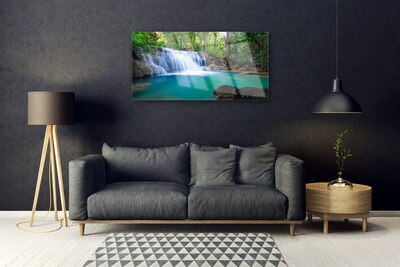 Image sur verre Tableau Cascade lac forêt nature bleu brun blanc vert