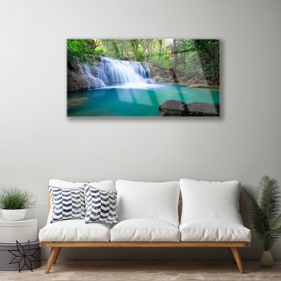 Image sur verre Tableau Cascade lac forêt nature bleu brun blanc vert