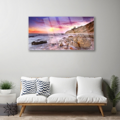 Image sur verre Tableau Pierres mer paysage gris violet rose