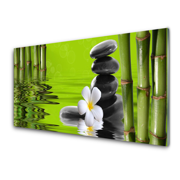 Image sur verre Tableau Bambou fleurs pierres art vert noir blanc