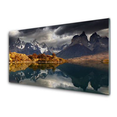 Image sur verre Tableau Montagne lac paysage gris jaune blanc