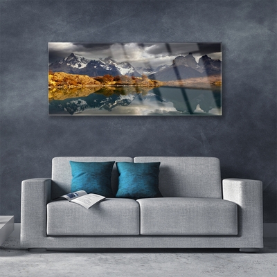 Image sur verre Tableau Montagne lac paysage gris jaune blanc