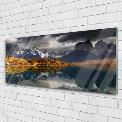 Image sur verre Tableau Montagne lac paysage gris jaune blanc