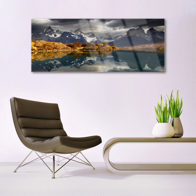 Image sur verre Tableau Montagne lac paysage gris jaune blanc