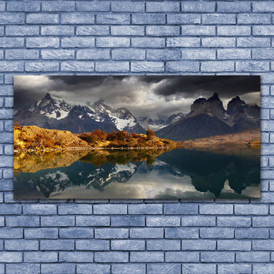 Image sur verre Tableau Montagne lac paysage gris jaune blanc