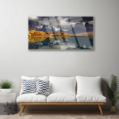 Image sur verre Tableau Montagne lac paysage gris jaune blanc