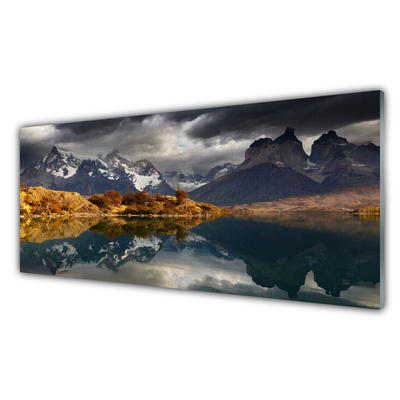 Image sur verre Tableau Montagne lac paysage gris jaune blanc