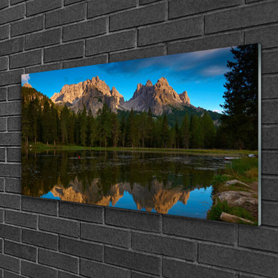 Image sur verre Tableau Forêt lac paysage vert bleu