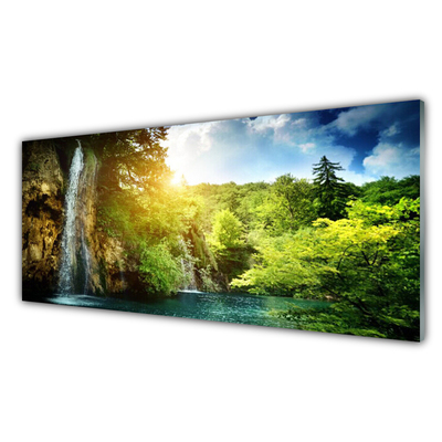 Image sur verre Tableau Cascade arbres paysage bleu blanc vert brun