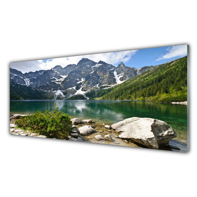 Tableaux sur verre Lac montagne paysage bleu gris blanc
