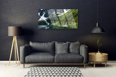 Tableaux sur verre Lac montagnes forêt paysage gris blanc vert