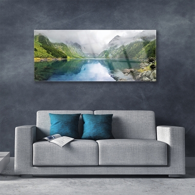 Tableaux sur verre Montagne lac paysage bleu vert gris