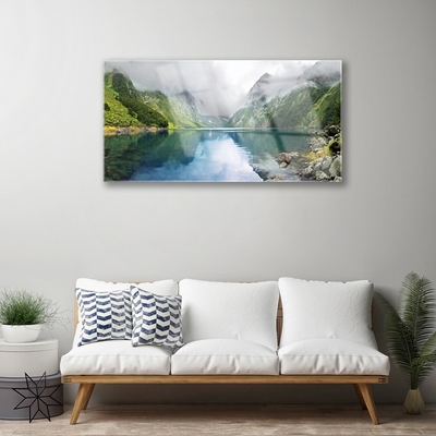 Tableaux sur verre Montagne lac paysage bleu vert gris