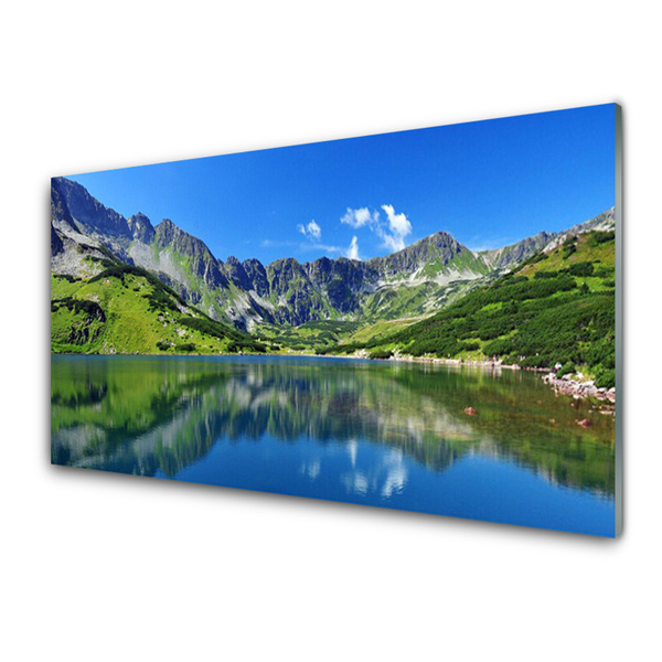 Tableaux sur verre Montagne lac paysage bleu vert gris