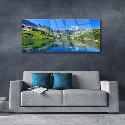 Tableaux sur verre Montagne lac paysage bleu vert gris